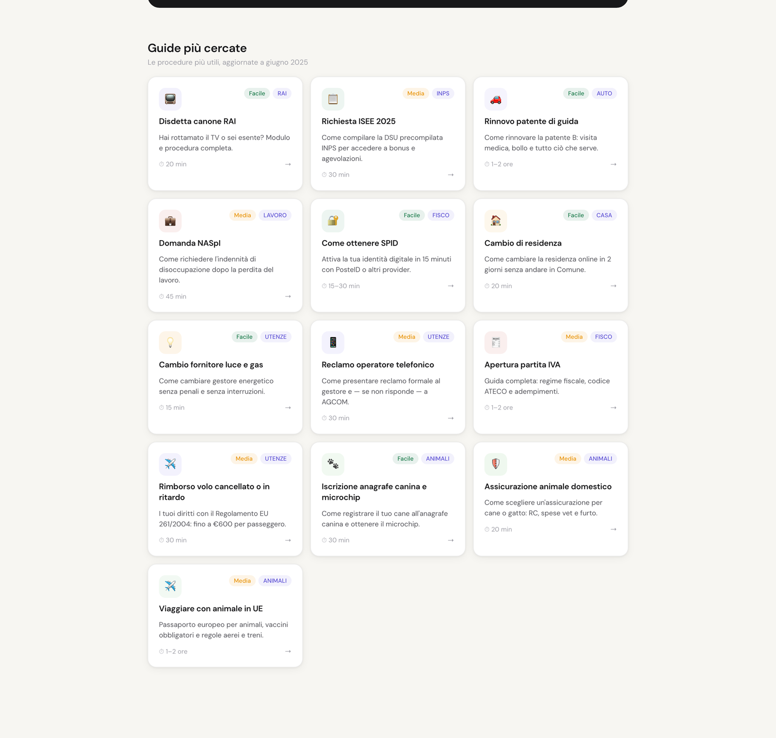PraticheEasy most-searched guides — each with difficulty, category and time-to-complete