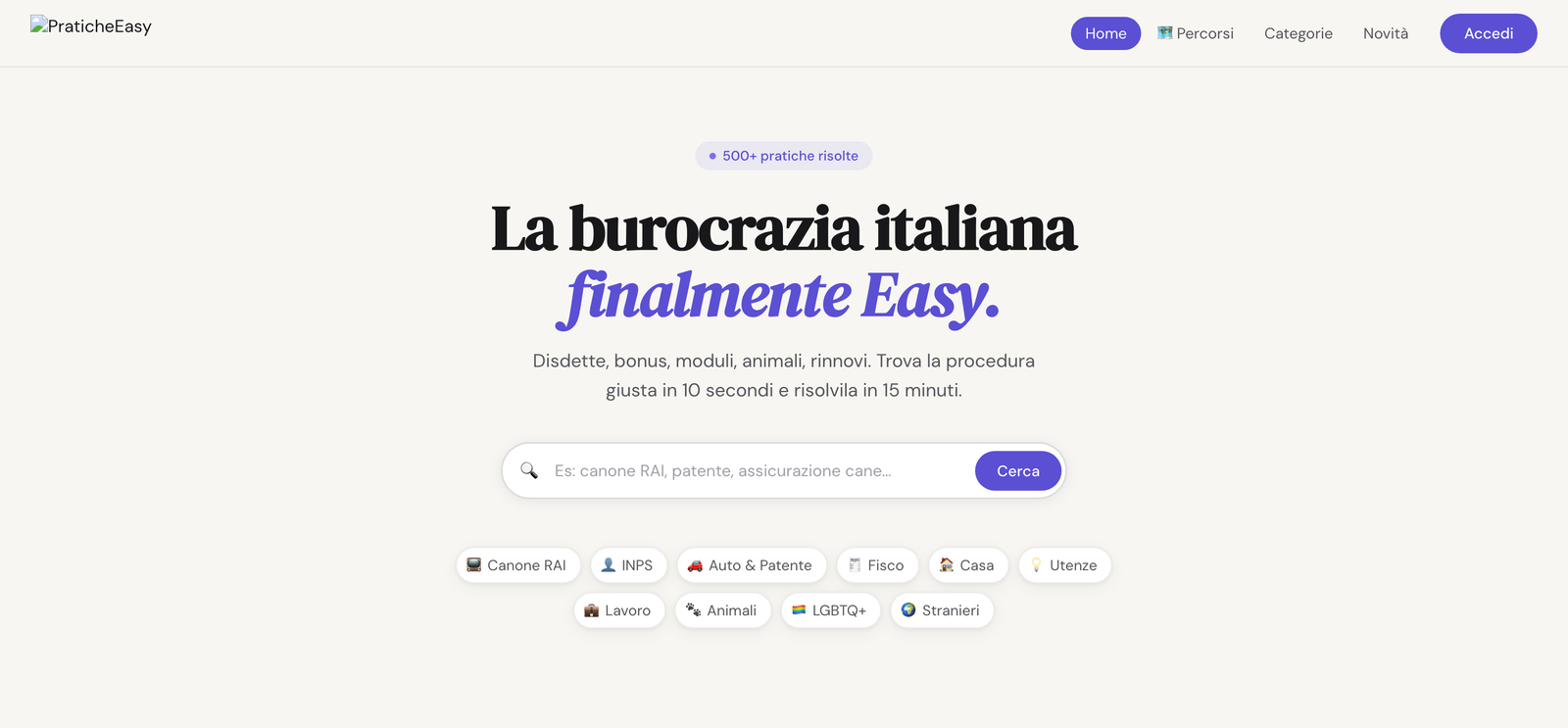 PraticheEasy home — search Italian procedures in plain language, browse by category