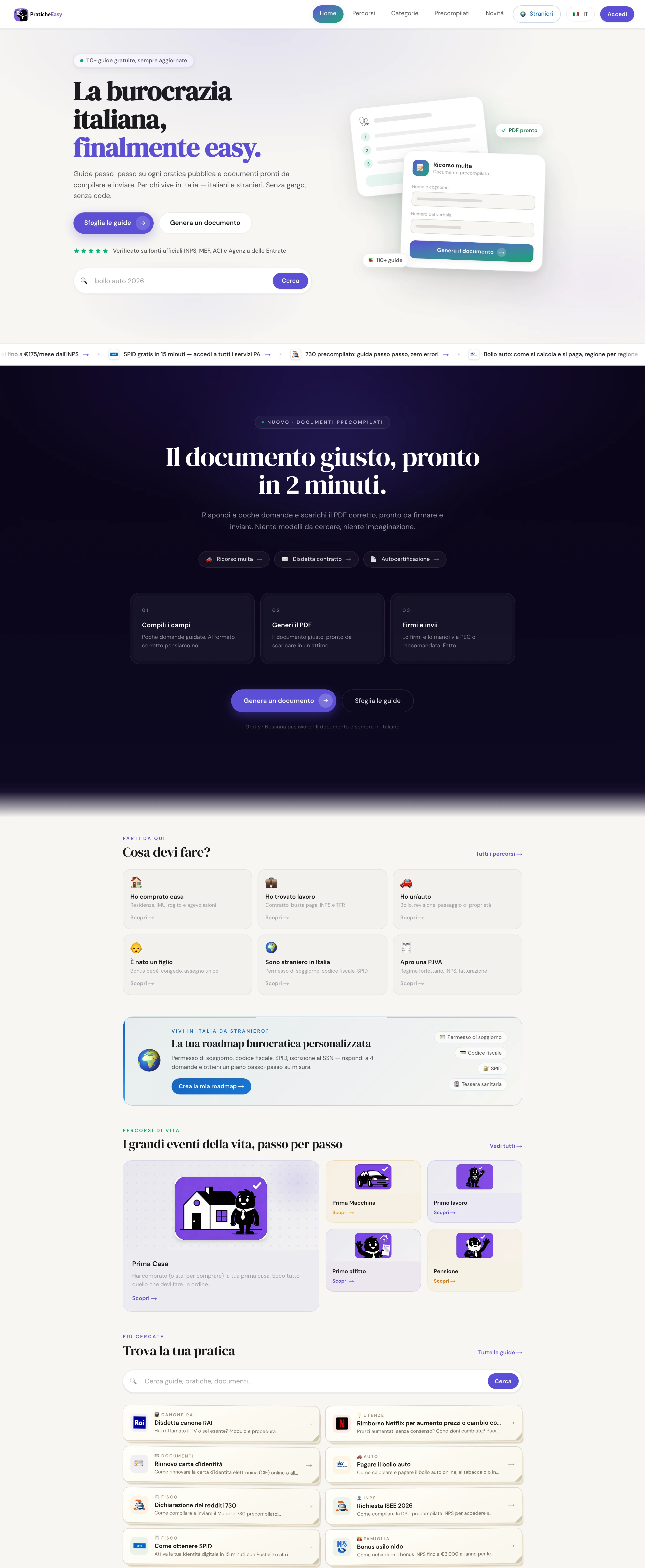 Home page di PraticheEasy, scrollata dall'alto in basso