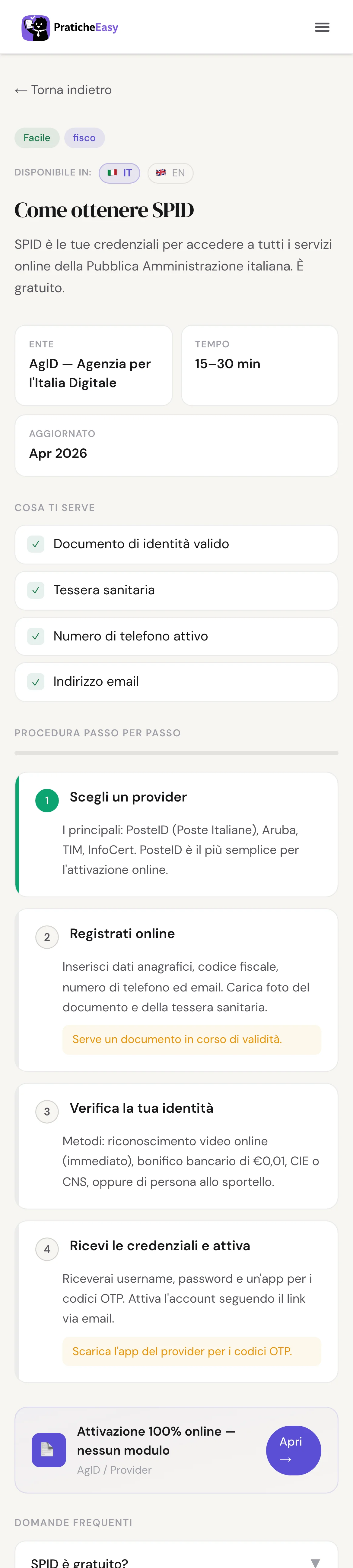 La stessa guida da telefono