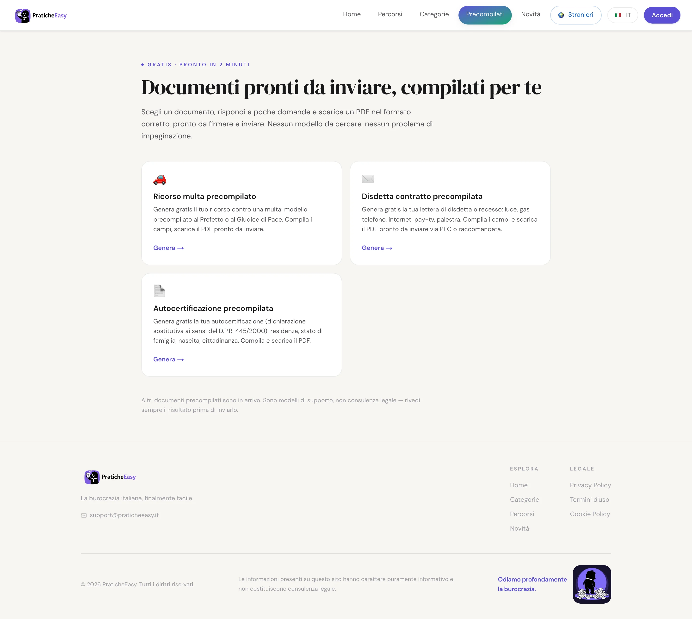 I tre documenti precompilati disponibili